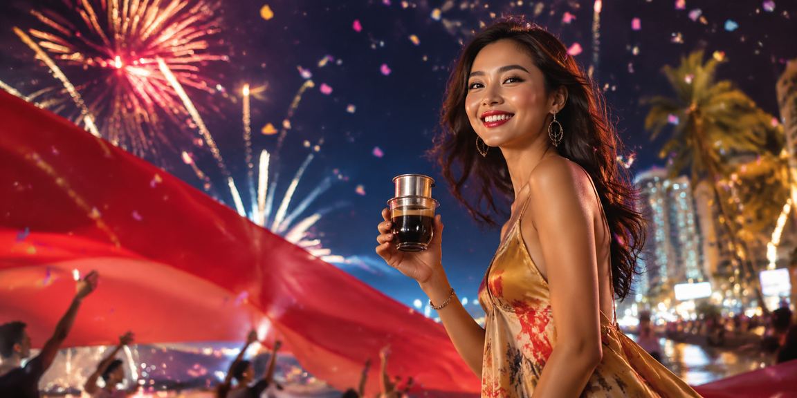 Người dùng tại Côn Đảo kiểm tra giao dịch thanh toán và cashback trên điện thoại bên ly cà phê